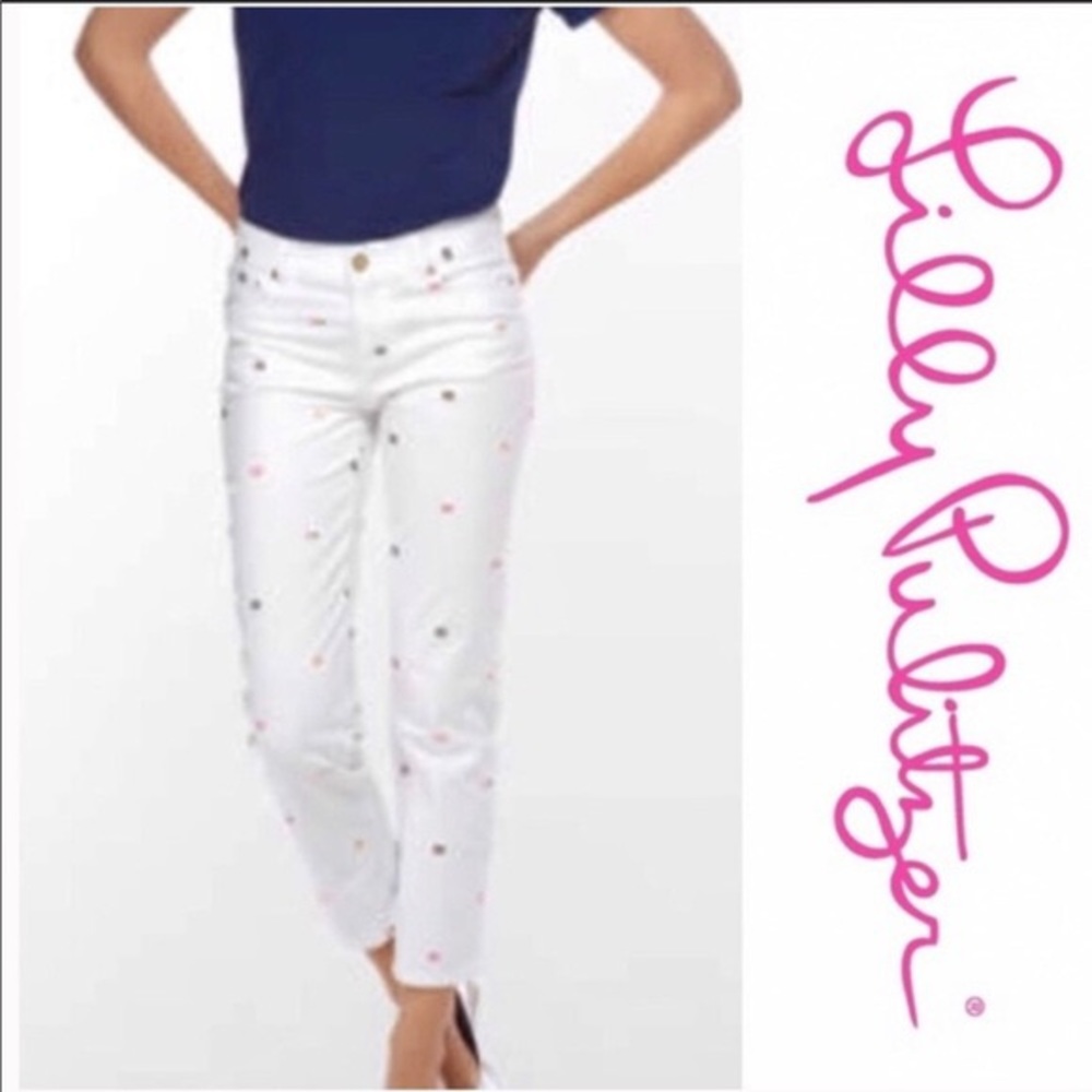 Lilly Pulitzer embroidered white jeans